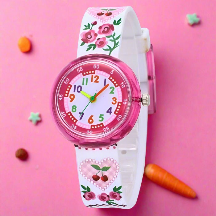 Girl's Educational Watch With Pink and Cherry Strap