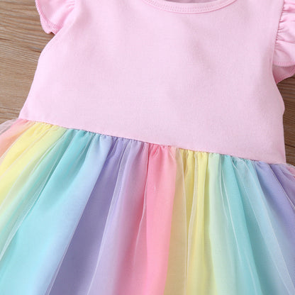 Girls Mesh Rainbow Dress Cotton Baby Clothes