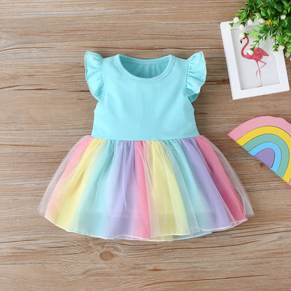 Girls Mesh Rainbow Dress Cotton Baby Clothes