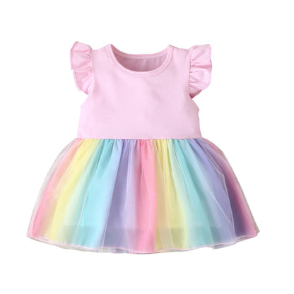 Girls Mesh Rainbow Dress Cotton Baby Clothes