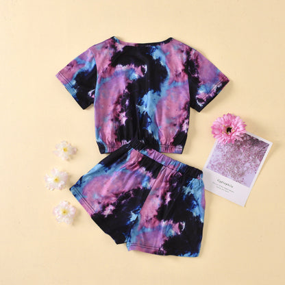 Tie Dye Round Neck Tape Top+Short Shorts Baby Clothes
