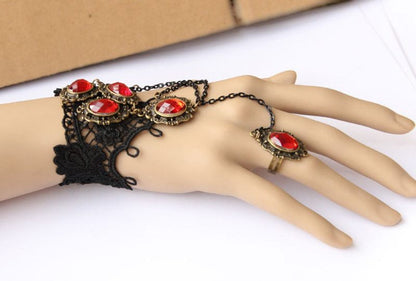 Vintage Black Gothic Steampunk Red Ruby Gemstone Lace Crochet Bracelet