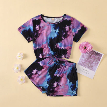 Tie Dye Round Neck Tape Top+Short Shorts Baby Clothes