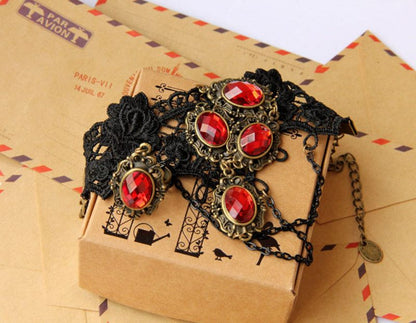 Vintage Black Gothic Steampunk Red Ruby Gemstone Lace Crochet Bracelet