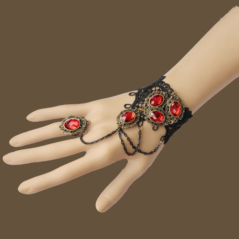 Vintage Black Gothic Steampunk Red Ruby Gemstone Lace Crochet Bracelet