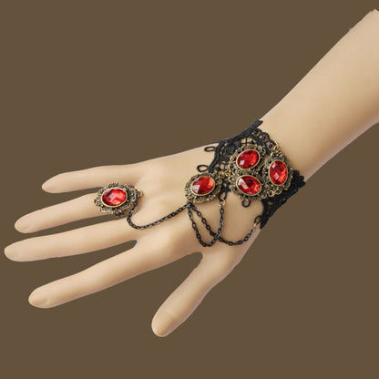 Vintage Black Gothic Steampunk Red Ruby Gemstone Lace Crochet Bracelet