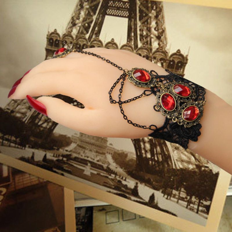 Vintage Black Gothic Steampunk Red Ruby Gemstone Lace Crochet Bracelet