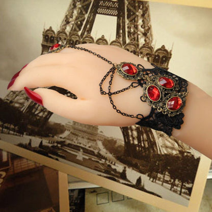 Vintage Black Gothic Steampunk Red Ruby Gemstone Lace Crochet Bracelet