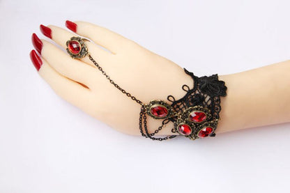 Vintage Black Gothic Steampunk Red Ruby Gemstone Lace Crochet Bracelet