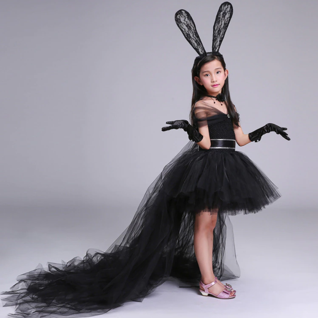 Black Bunny Themed Princess Party Trailing Tulle Dress