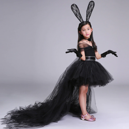 Black Bunny Themed Princess Party Trailing Tulle Dress
