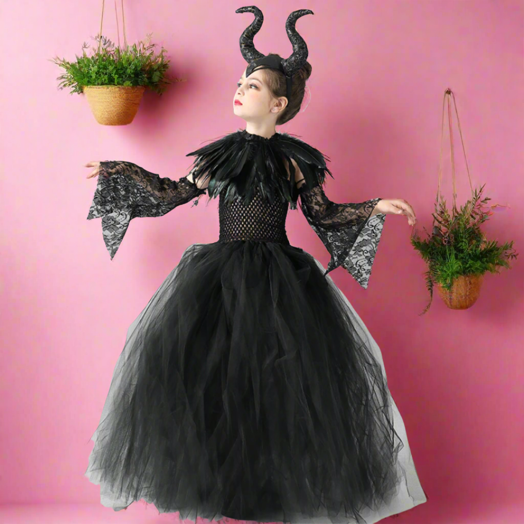 Evil Witch Black Halloween Costume Tulle Dress Set