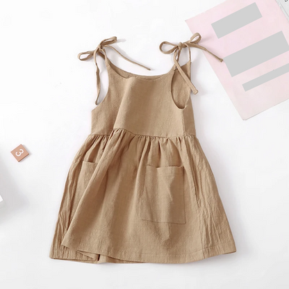 Girls' Summer Suspender Dress: Solid Color with Pocket