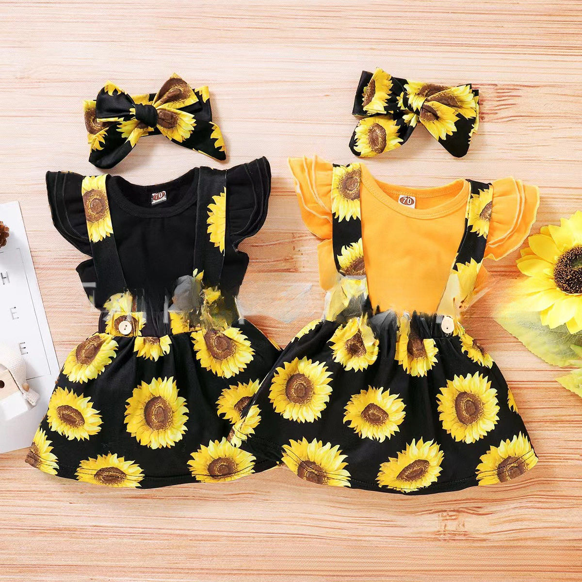 Cotton Kids Sunflower Short Sleeve Suspender Dress Set