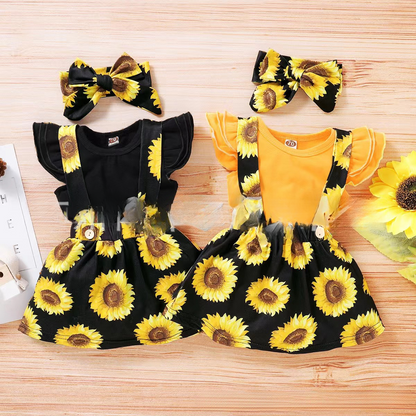 Cotton Kids Sunflower Short Sleeve Suspender Dress Set