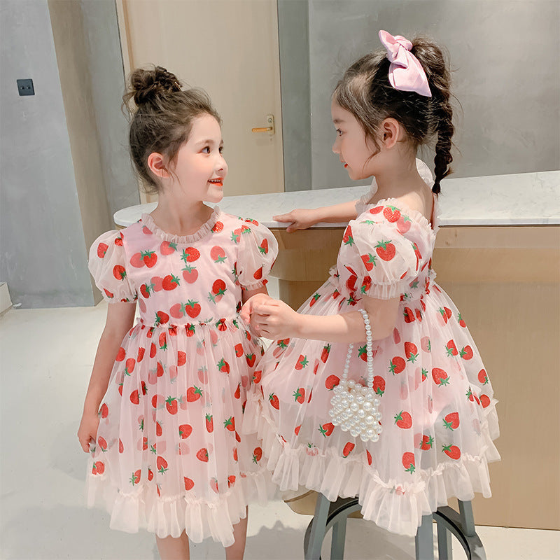 Puff Sleeves Pink Strawberry Dress