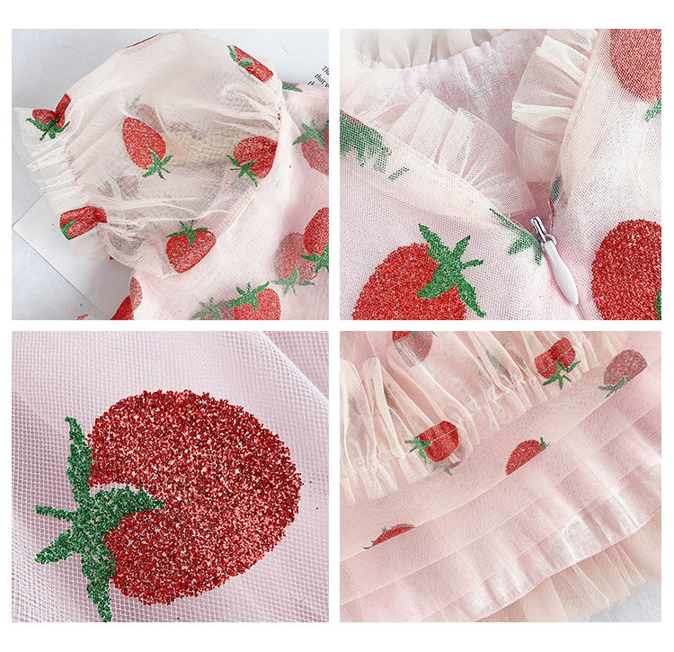 Puff Sleeves Pink Strawberry Dress