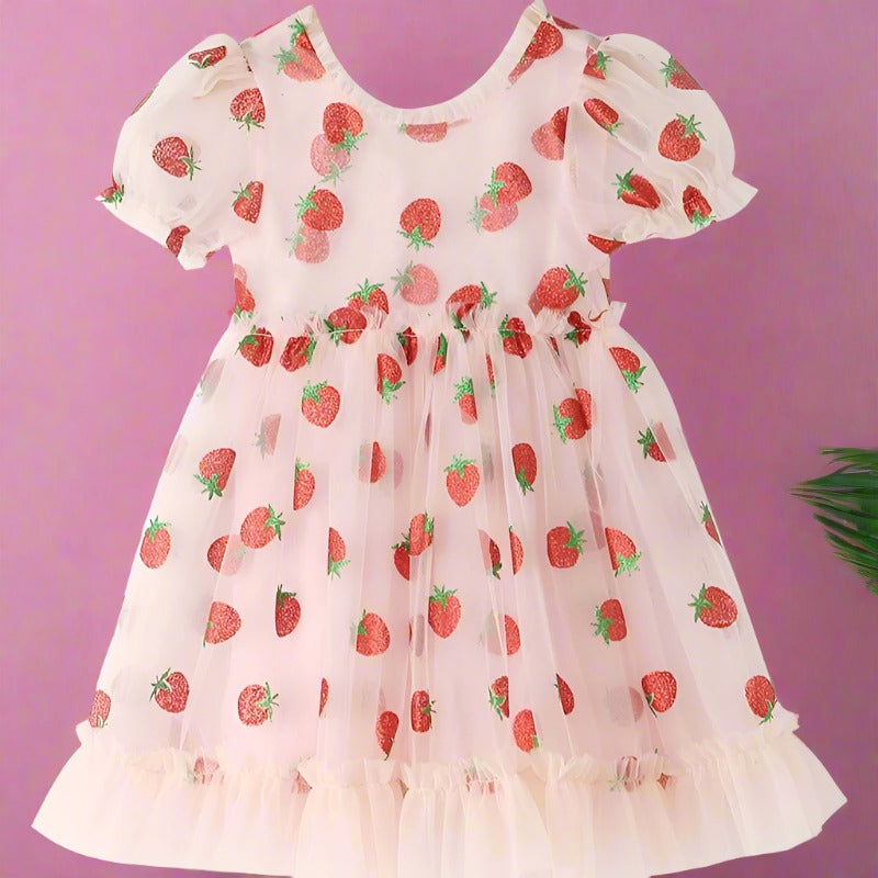Puff Sleeves Pink Strawberry Dress