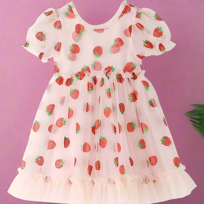 Puff Sleeves Pink Strawberry Dress