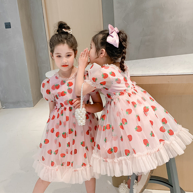 Puff Sleeves Pink Strawberry Dress