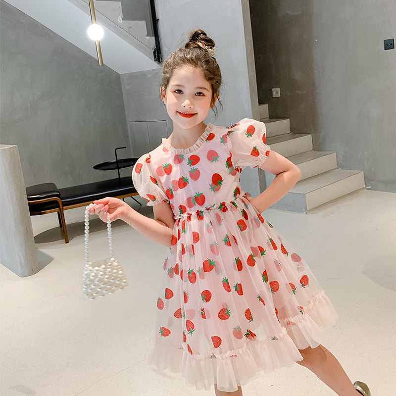 Puff Sleeves Pink Strawberry Dress