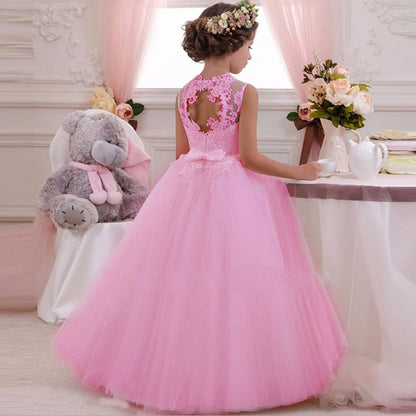 Floral Lace Top Long Sleeves Girls Elegant White Gown