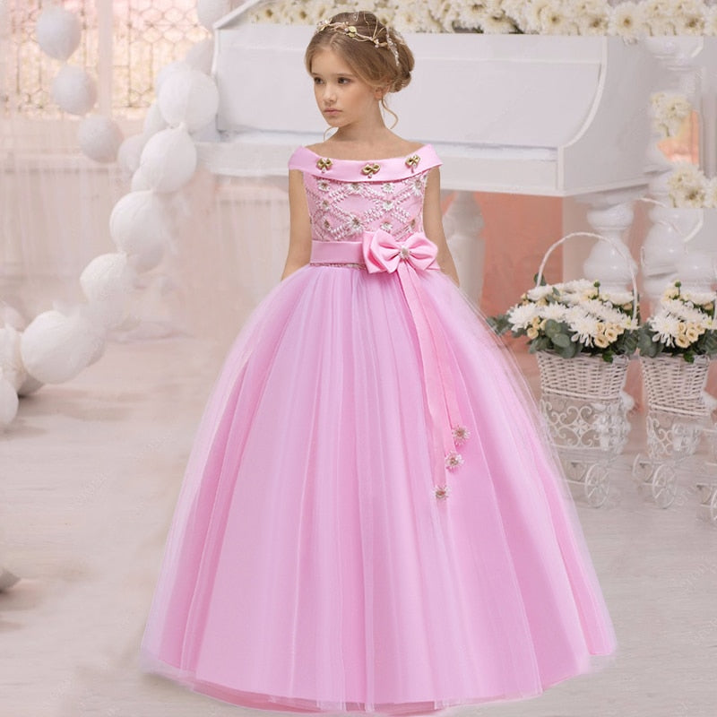 Floral Lace Top Long Sleeves Girls Elegant White Gown
