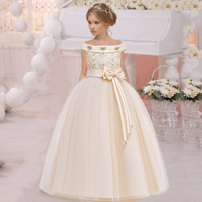 Floral Lace Top Long Sleeves Girls Elegant White Gown