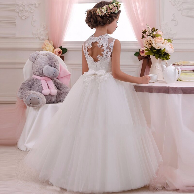 Floral Lace Top Long Sleeves Girls Elegant White Gown