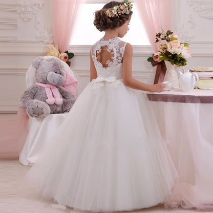 Floral Lace Top Long Sleeves Girls Elegant White Gown