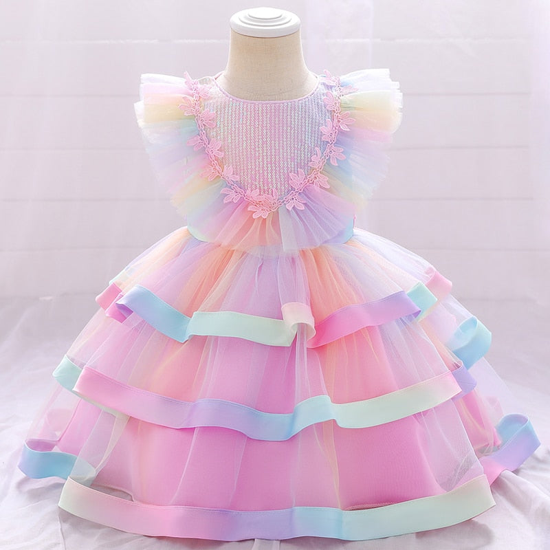 Candy Color Layering Ruffle Mesh Skirt Baby Girl Party Dress