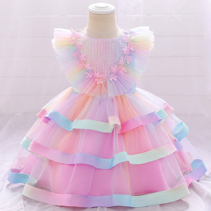 Candy Color Layering Ruffle Mesh Skirt Baby Girl Party Dress