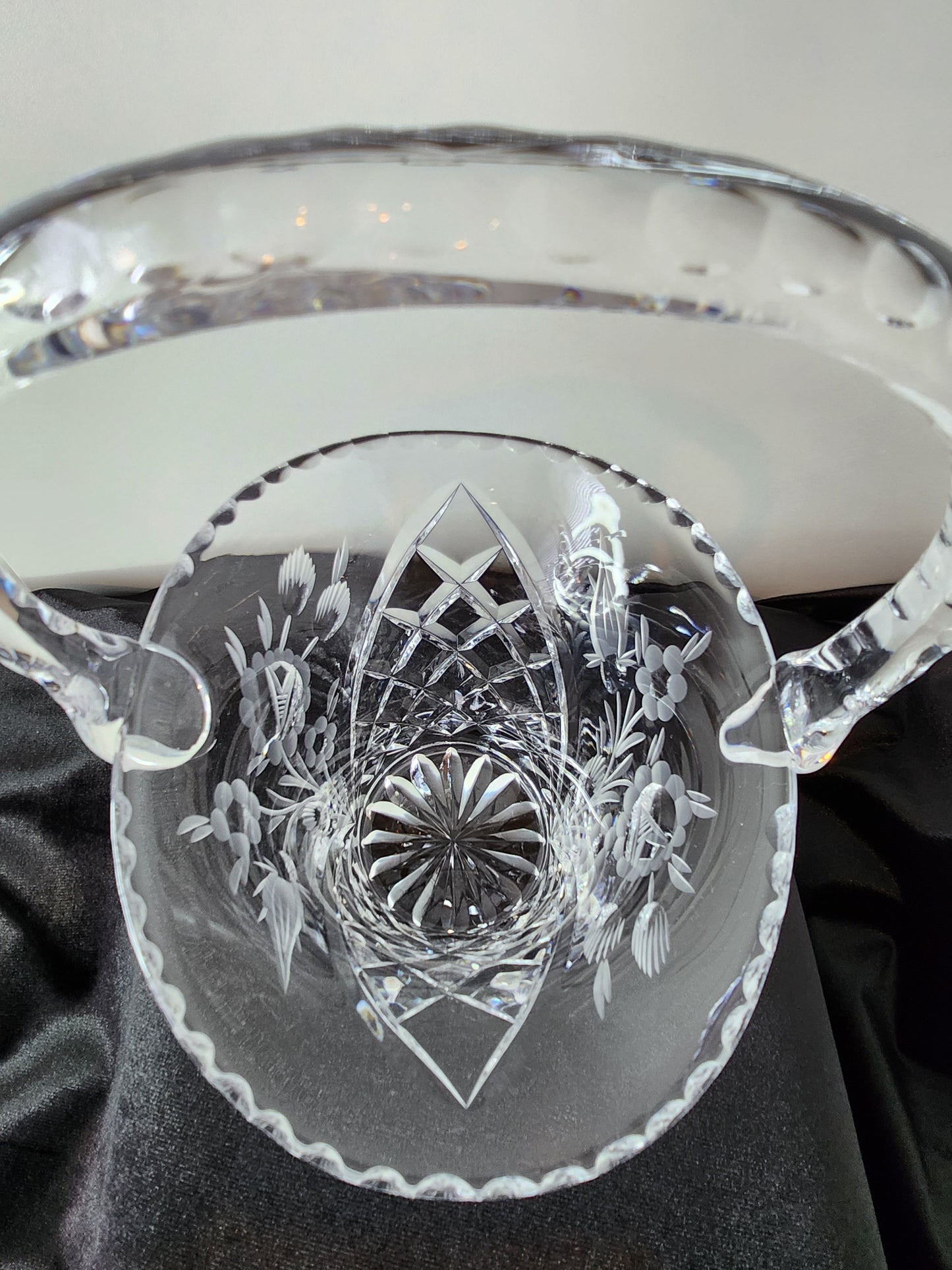 Vintage Hand Etched Flora Crystal Basket