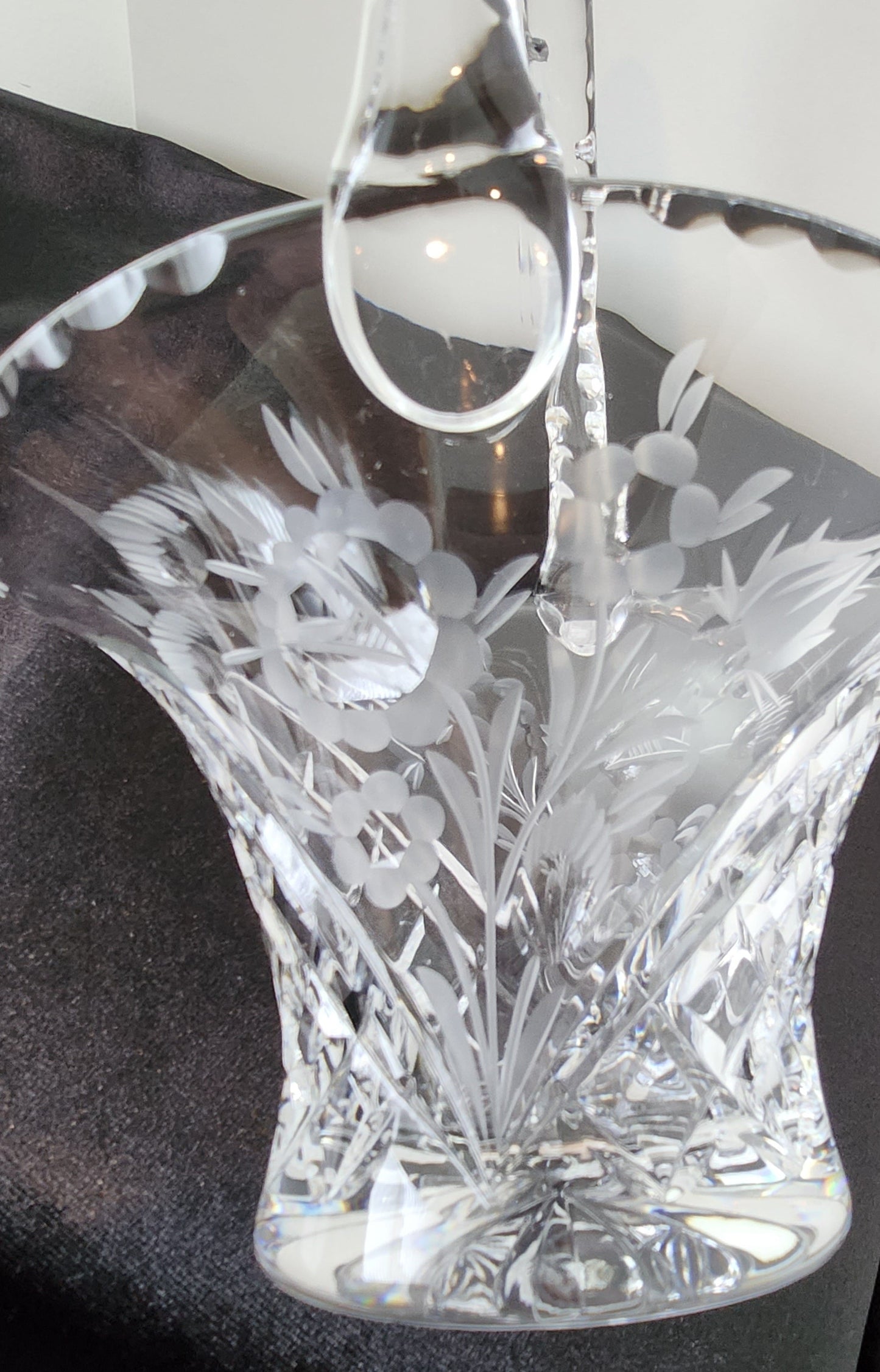 Vintage Hand Etched Flora Crystal Basket