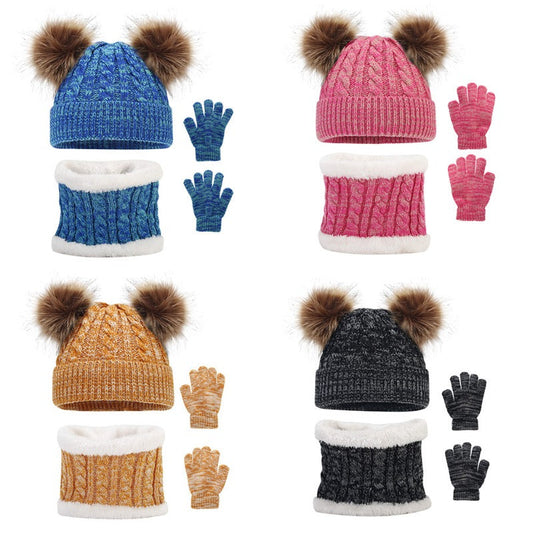 Wholesale Children's Winter Woolen Hat Double Ball Knitted Hat Scarf Gloves Set