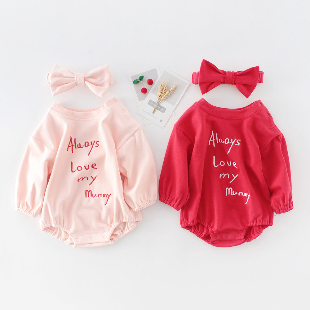Baby Girls Letters Embroidered Rompers And Bow Headwear