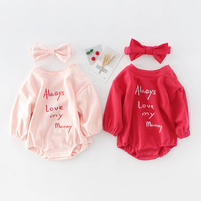 Baby Girls Letters Embroidered Rompers And Bow Headwear