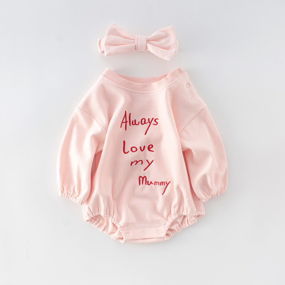 Baby Girls Letters Embroidered Rompers And Bow Headwear