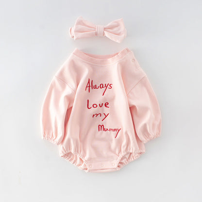 Baby Girls Letters Embroidered Rompers And Bow Headwear