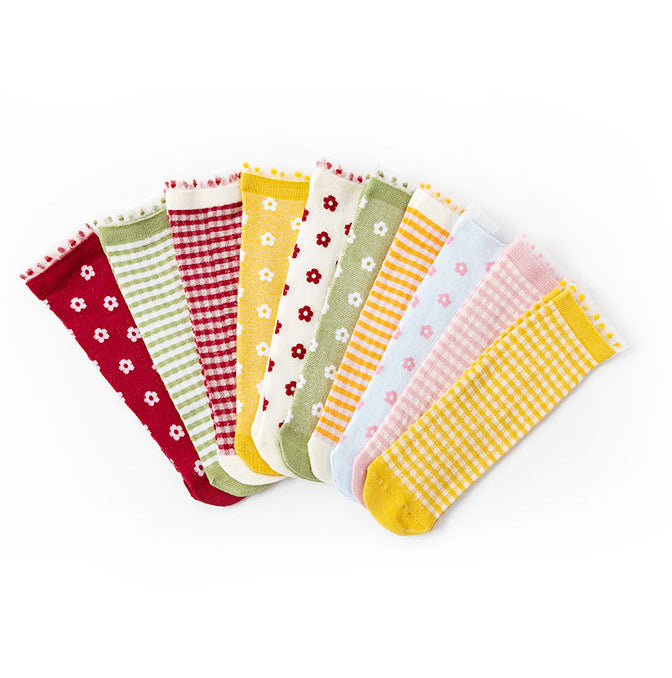 Baby Kid Girls Boys Color-blocking Checked Lace Print Socks