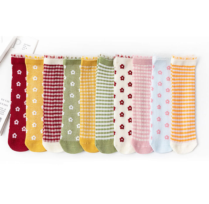Baby Kid Girls Boys Color-blocking Checked Lace Print Socks