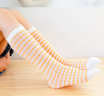 Baby Kid Girls Boys Color-blocking Checked Lace Print Socks