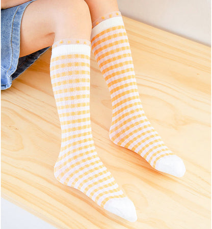 Baby Kid Girls Boys Color-blocking Checked Lace Print Socks