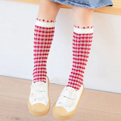 Baby Kid Girls Boys Color-blocking Checked Lace Print Socks