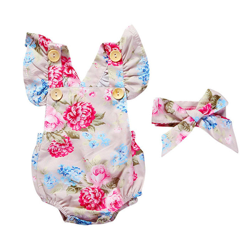 Baby Girls Flower Print Rompers And Accessories Headwear