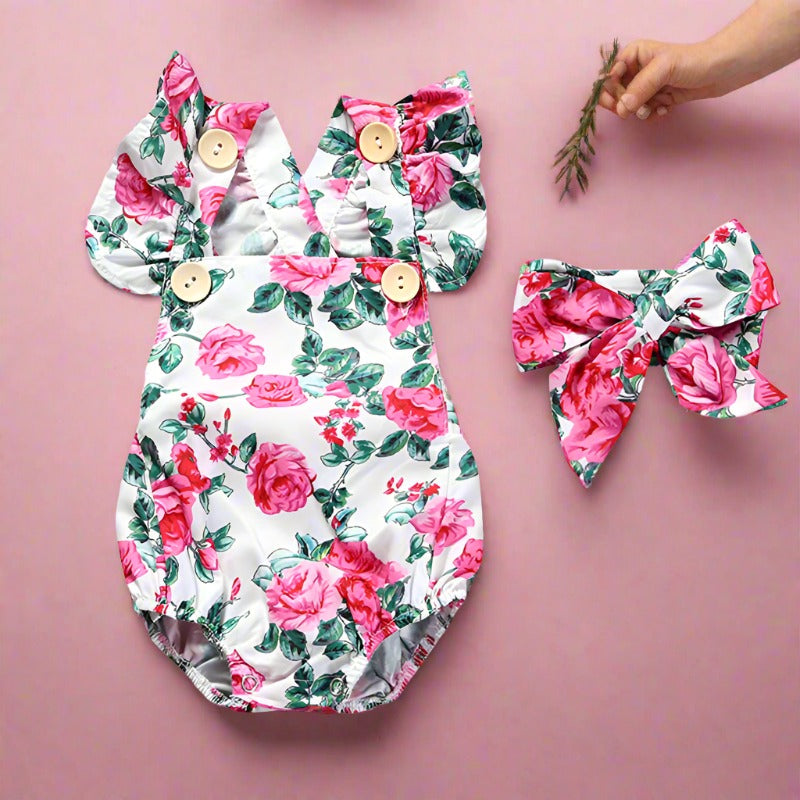 Baby Girls Flower Print Rompers And Accessories Headwear