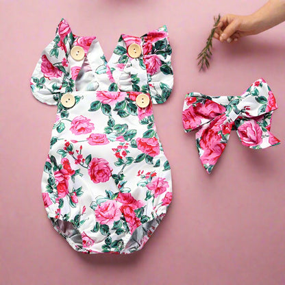 Baby Girls Flower Print Rompers And Accessories Headwear