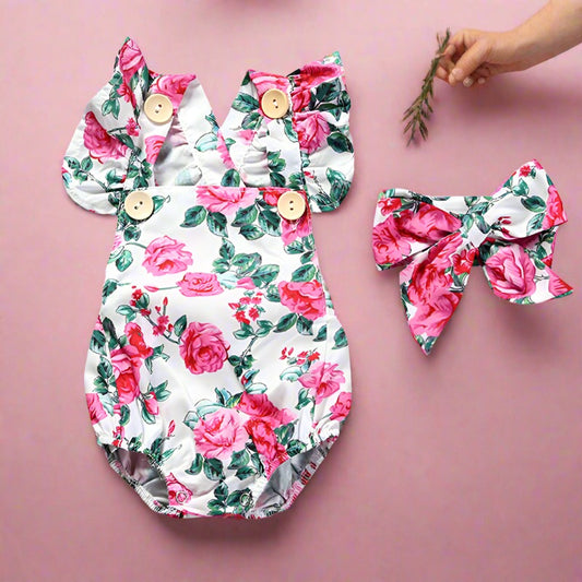 Baby Girls Flower Print Rompers And Accessories Headwear