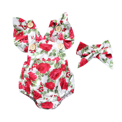 Baby Girls Flower Print Rompers And Accessories Headwear