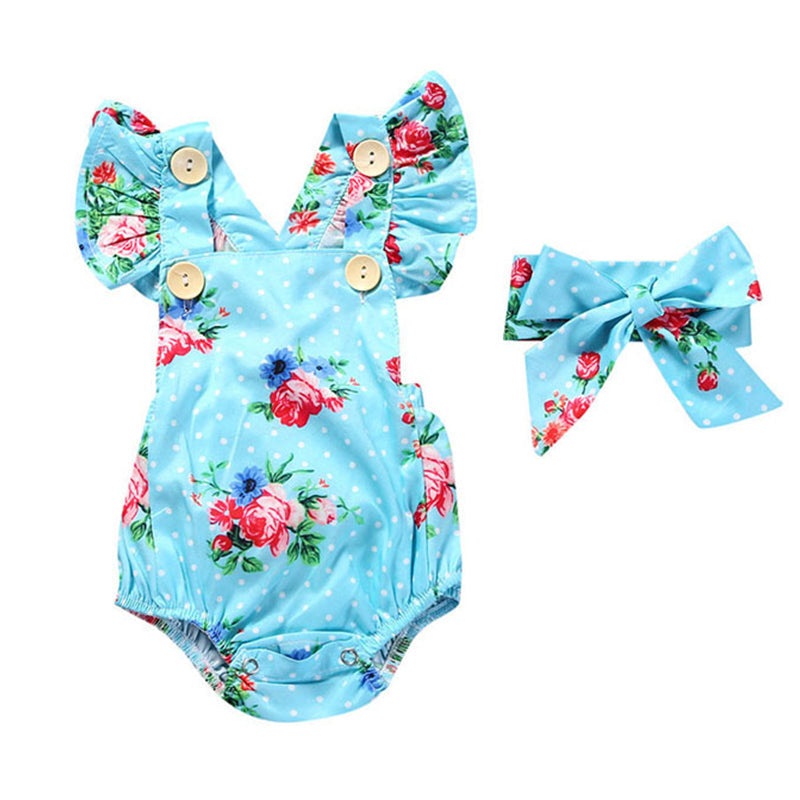 Baby Girls Flower Print Rompers And Accessories Headwear